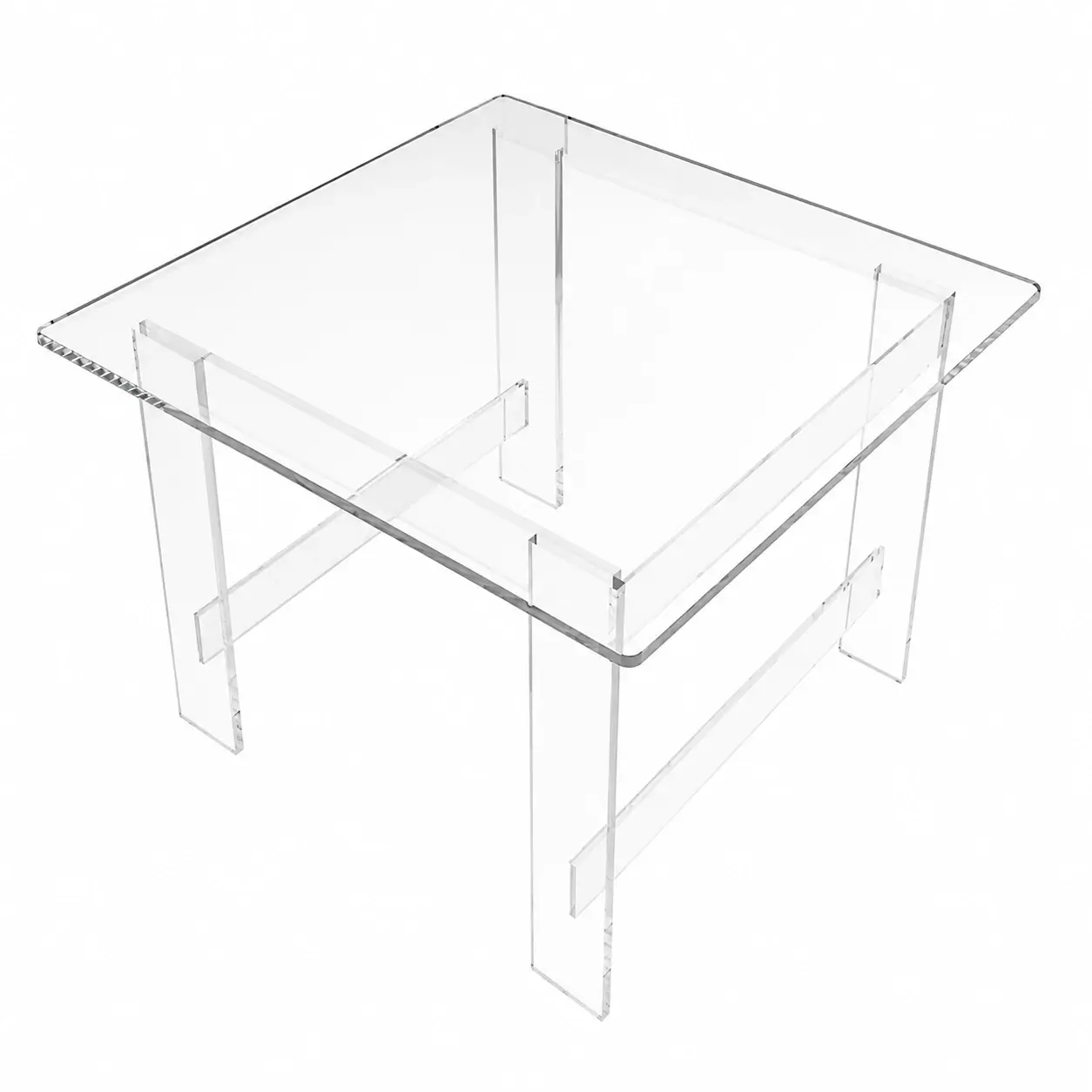 Table carrée transparente en Plexiglass premium 15 mm avec plateau cristal et structure entièrement transparente sur fond blanc