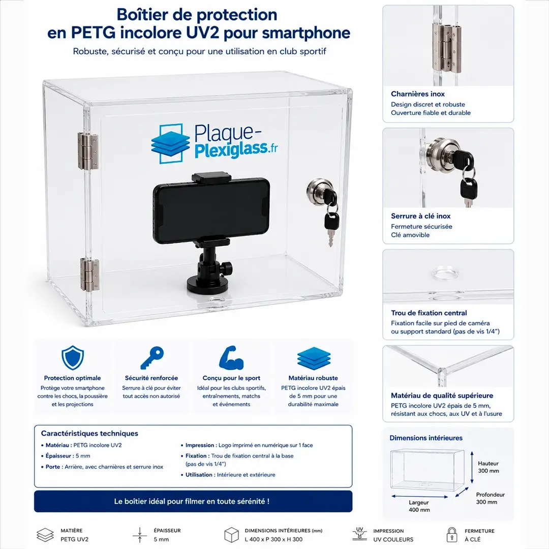 Boîtier Protection Smartphone PETG avec Serrure Sur Mesure 40 x 30 x H 30 cm
