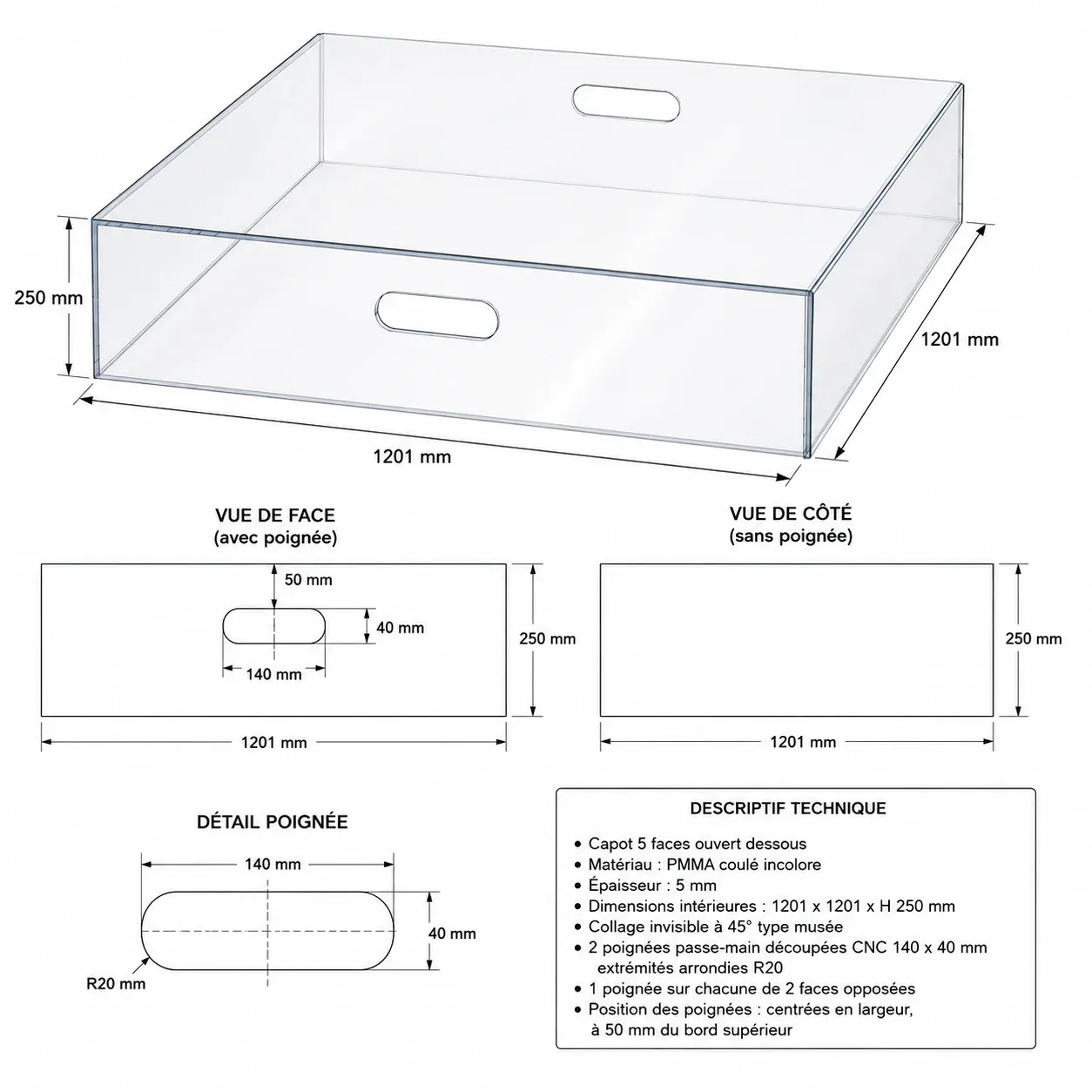 Capot transparent en Plexiglass 5 mm avec poignées passe-main sur mesure