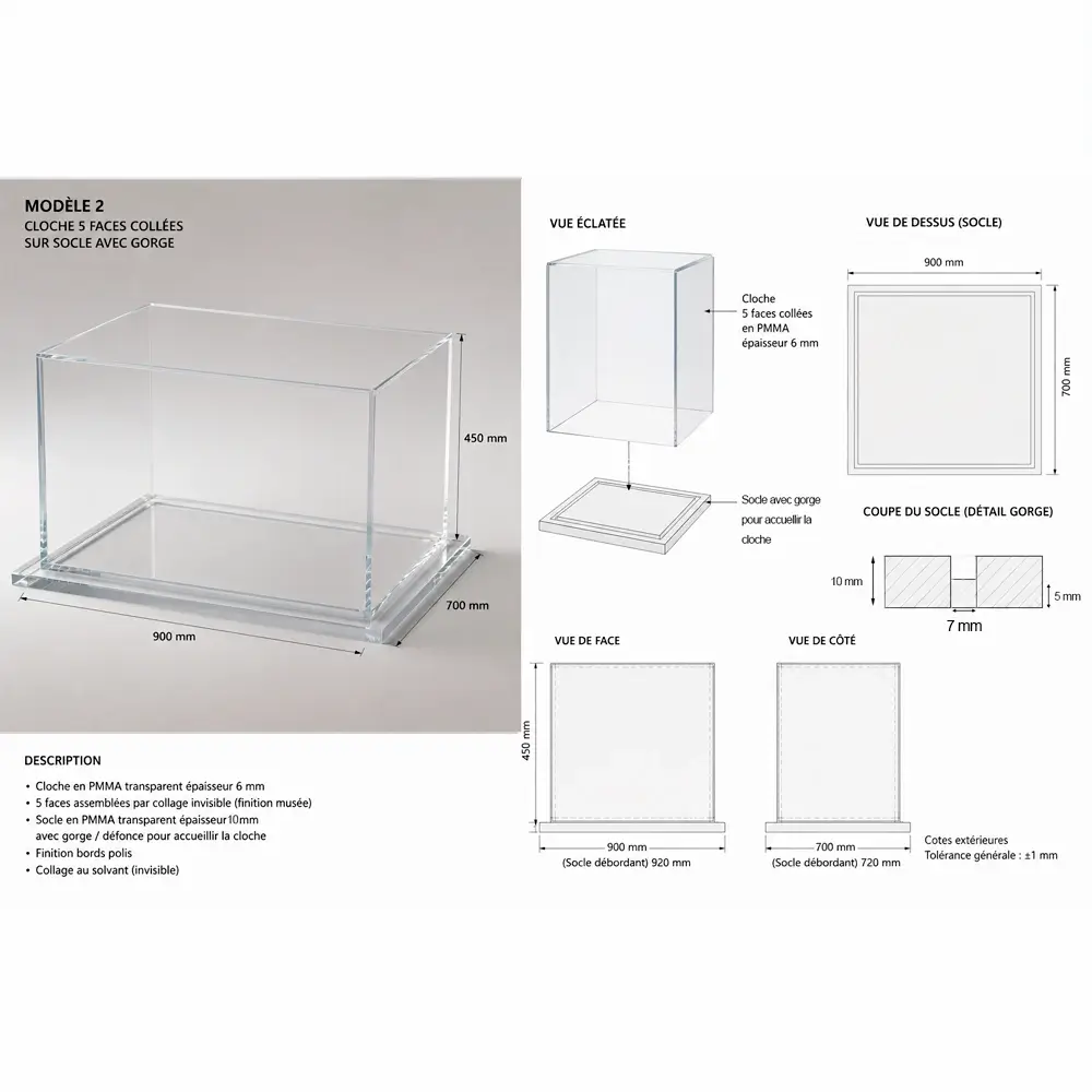 Capot vitrine transparent en Plexiglass 6 mm grand format 900 x 700 mm avec socle rainuré finition musée