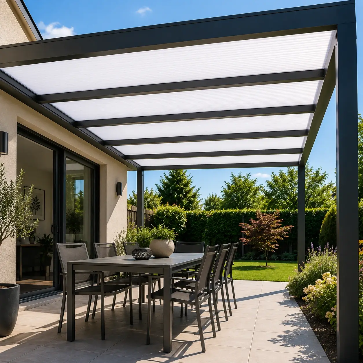 Pergola équipée d'une toiture en Plaque Polycarbonate Alvéolaire Opale 6 mm Sur Mesure