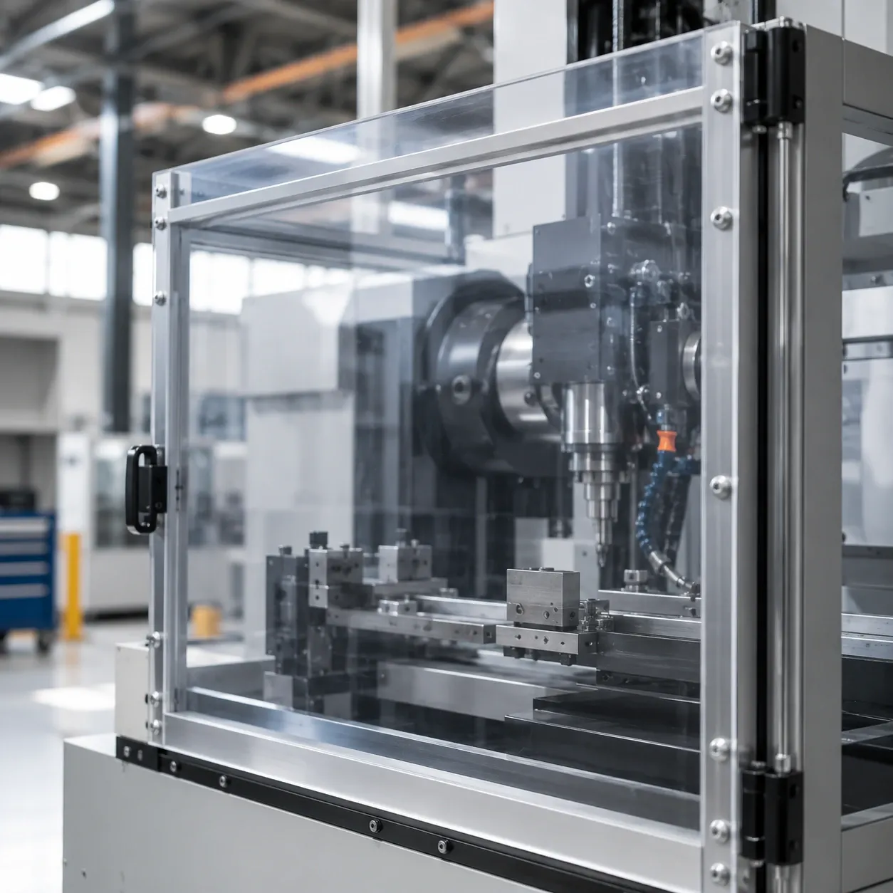Plaque Polycarbonate IMPEX® HC2 Transparent 5 mm Anti-Rayures & Anti-UV Double Face Sur Mesure 3 Plaque en polycarbonate IMPEX® HC2 transparent 5 mm utilisée comme vitrage de protection sur une machine CNC industrielle.