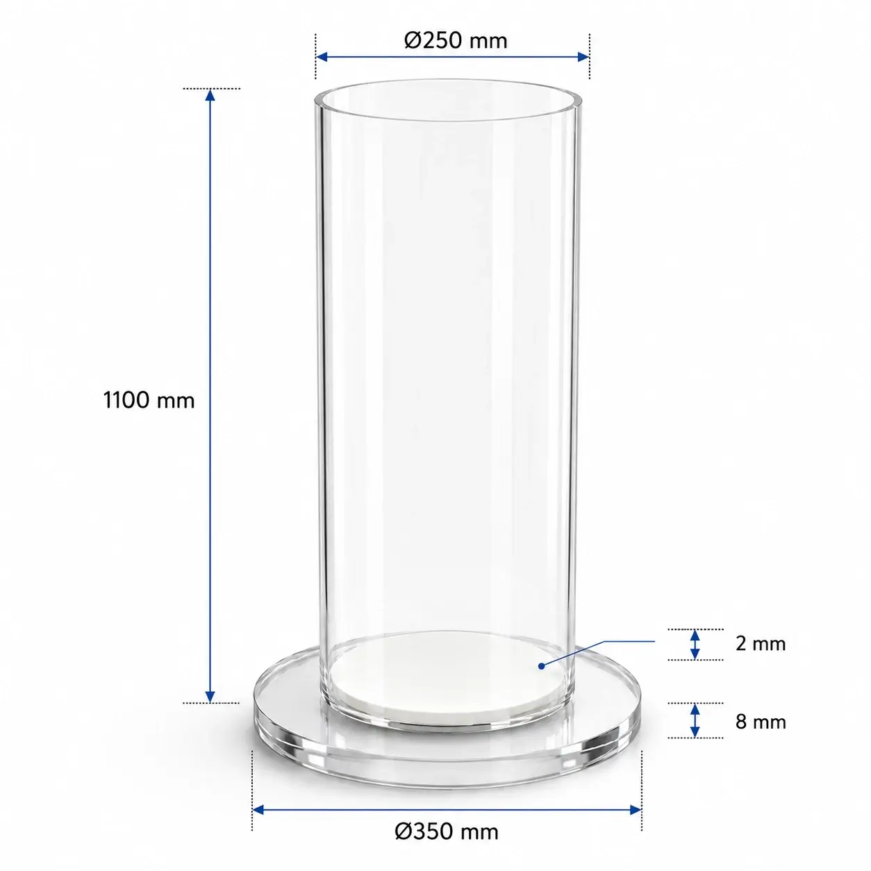 Tube collecte transparent diametre 20 cm epaisseur 4 mm socle debordant diametre 35 cm hauteur 110 cm.