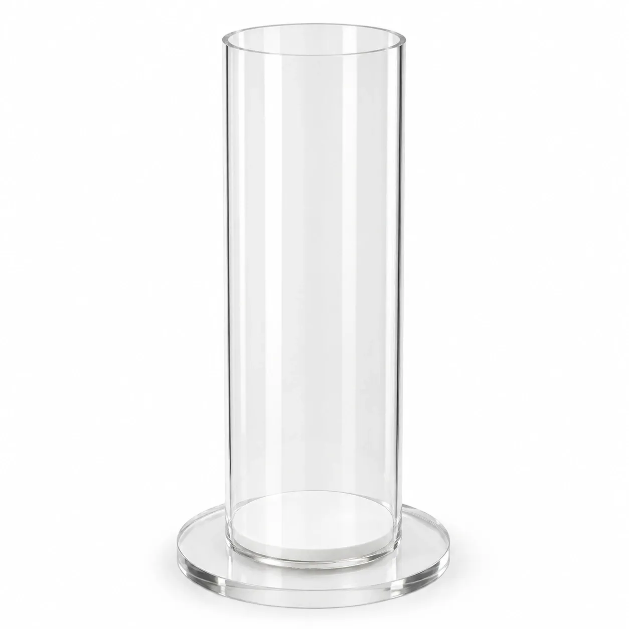 Tube transparent en Plexiglass sur mesure avec socle stabilisateur et disque amortisseur en ABS blanc.