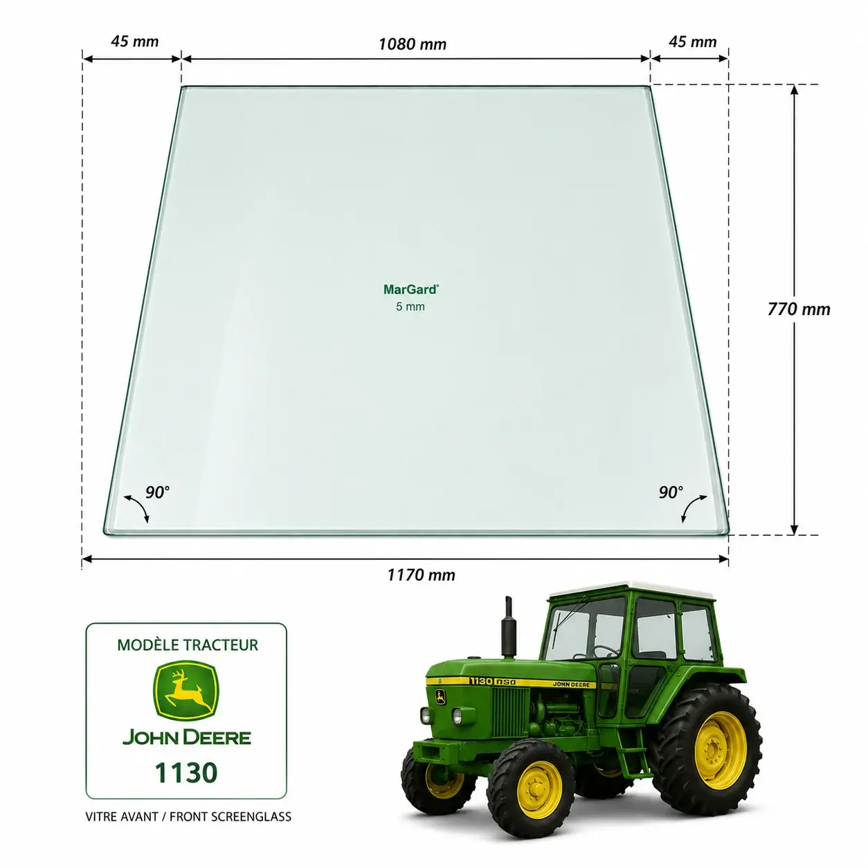 Vitre Avant John Deere 1130 en Margard 5 mm Anti-Rayures Sur Mesure
