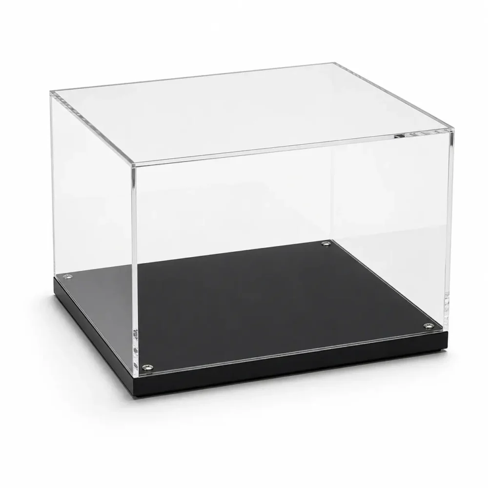 Vitrine transparente PMMA 5 mm sur socle noir vissé