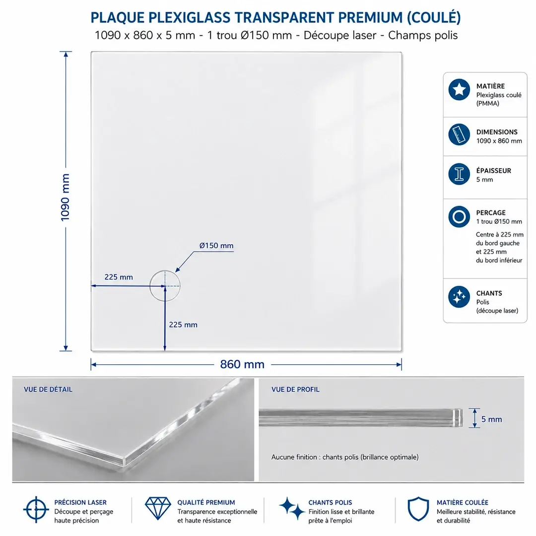 Plaque Plexiglass Transparent Premium 5 mm de 86 × 109 cm avec trou Ø150 mm pour passage de climatisation