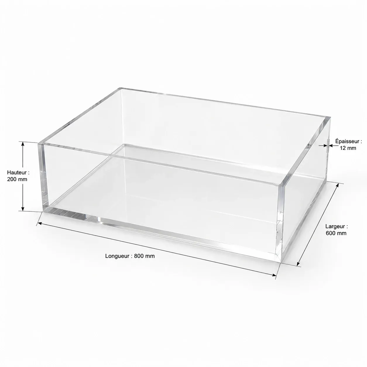 Bac étanche en Plexiglass transparent Premium 12 mm dimensions 800 × 600 × H200 mm