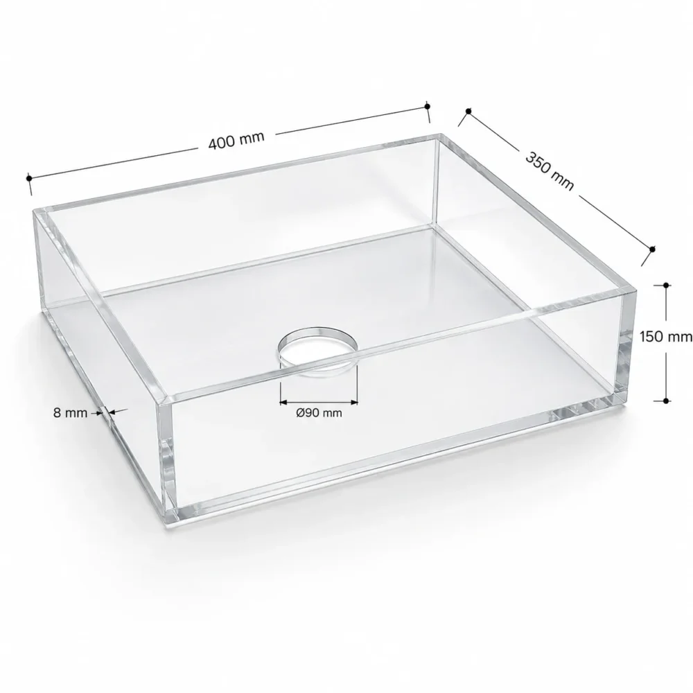 Bac étanche en Plexiglass transparent 8 mm avec trou central Ø90 mm sur mesure