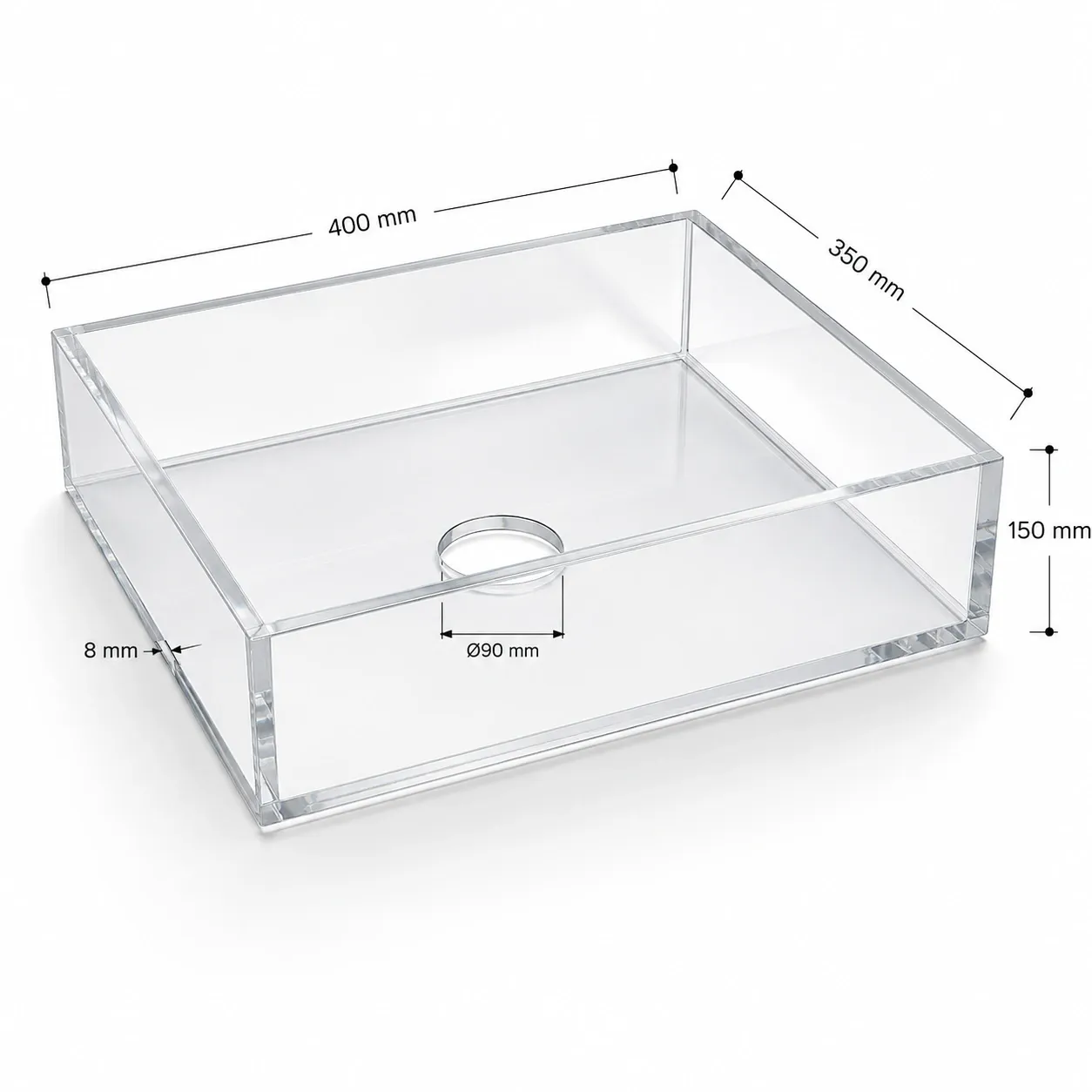 Bac étanche en Plexiglass transparent 8 mm avec trou central Ø90 mm sur mesure