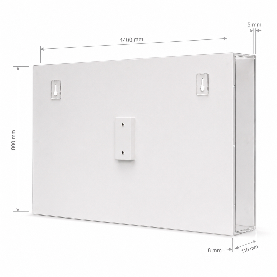 Capot Mural en Plexiglass Transparent Premium 5 mm – 5 Faces à Collage Invisible avec Fond Vissé Sur Mesure 2 Vue arrière d'un capot mural en Plexiglass transparent Premium avec fond blanc en PMMA 8 mm, deux accroches boutonnières transparentes, cale de compensation et fixation par six vis affleurantes.
