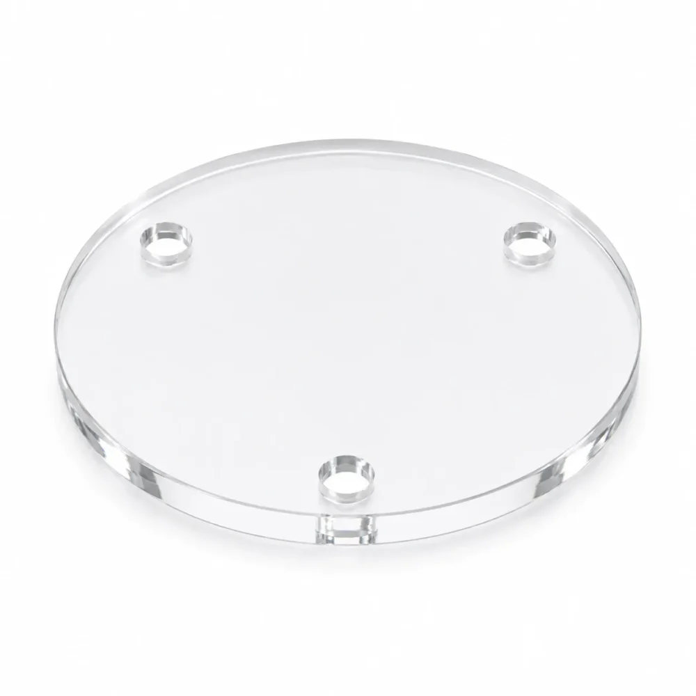 Disque en Plexiglass transparent 4 mm avec 3 perçages Ø7 mm sur mesure.
