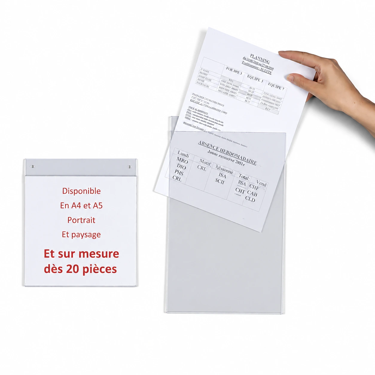 Porte-affiche mural en PVC transparent 2 mm avec deux trous de fixation, disponible en A4, A5 et sur mesure.