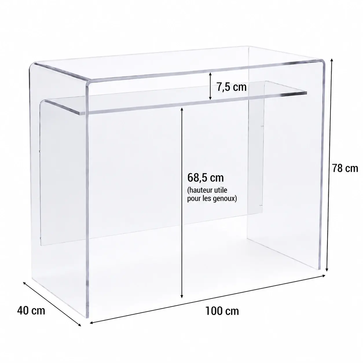 Bureau Transparent Plexiglass 10 mm avec tablette - 100 x 40 x H 76 cm ou H 78 cm 3 Bureau Transparent Plexiglass 10 mm avec tablette 100 x 40 x H 78 cm